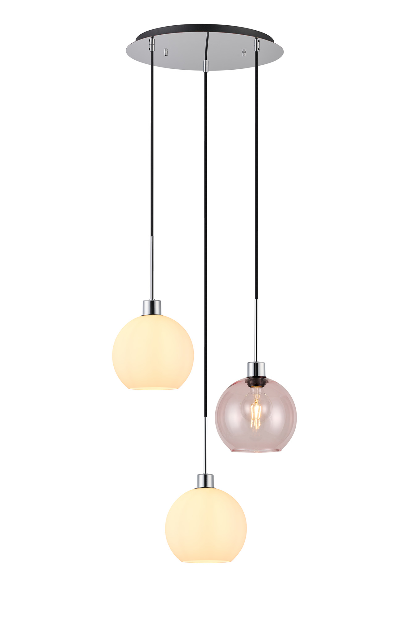DK1275  Lori 40cm Round Pendant, 3 Light Adjustable E27, Polished Chrome/Opal/Pink Open Mouth Round Globe Shades